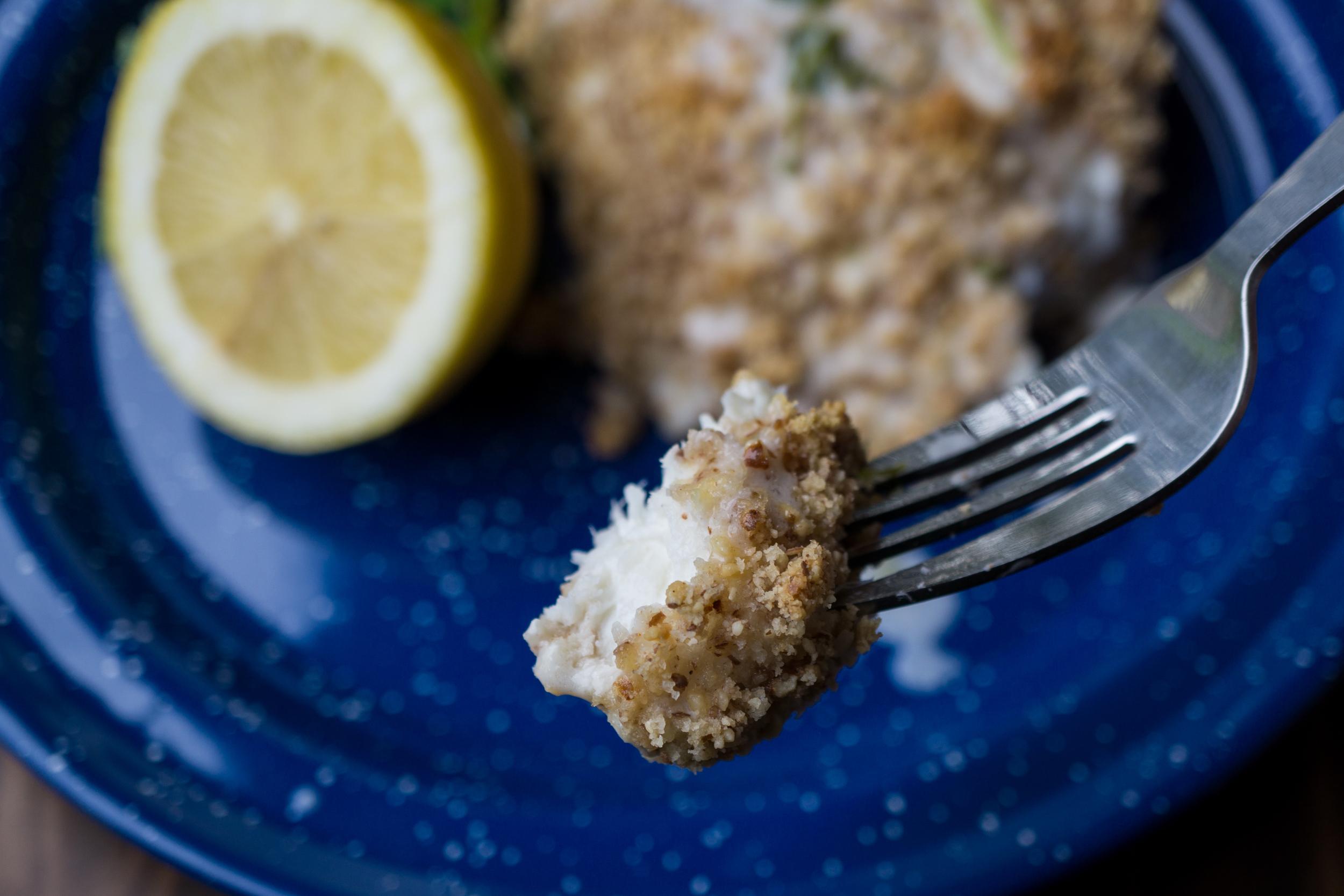 coconut almond crusted halibut