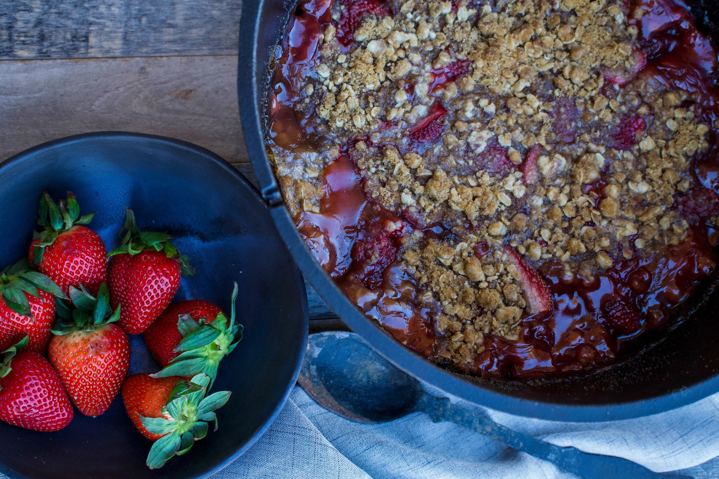 Strawberry Rhubarb Crisp recipe perfect for Dutch oven outdoors or bake indoors