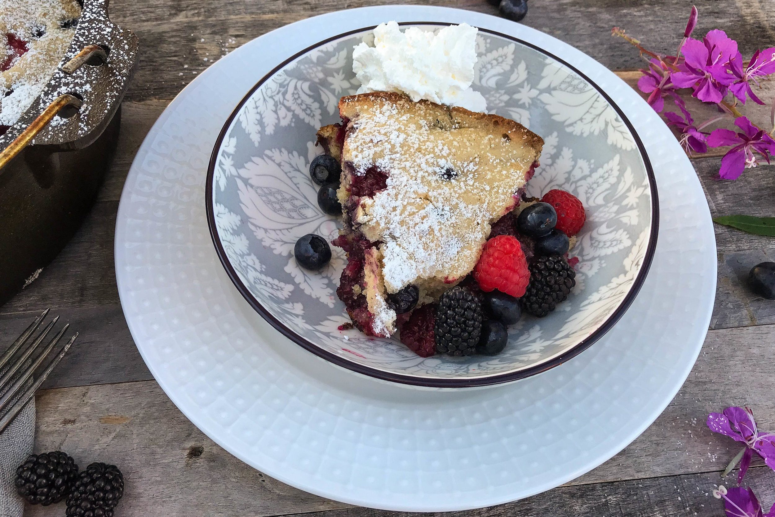 Alaskan Blueberry Cake from Scratch with mixed berries and cream